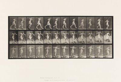 Plaat 175. Oversteken van de beek op stapstenen met visstok en blik door Eadweard Muybridge