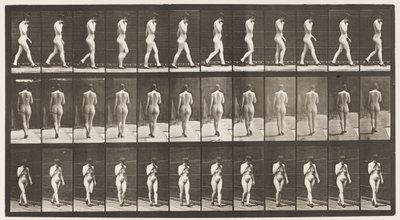 Plaat 23. Wandelen, rechterhand aan kin, hoge hakken aan door Eadweard Muybridge