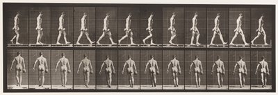 Plaat 28. Lopen, 50 lb. halter in rechterhand dragen, 1872-1885 door Eadweard Muybridge