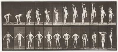 Plaat 321. A, een 50 lb halter tillen; B, poseren door Eadweard Muybridge
