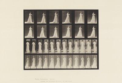 Plaat 39. Wandelen, handen bezig met breien, 1872-1885 door Eadweard Muybridge