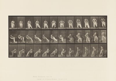 Plaat 420. Toilet; opstaan van stoel en kleding aantrekken, 1885 door Eadweard Muybridge