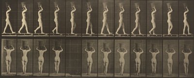 Plaat nummer 34. Lopen en een mand van 15 pond op het hoofd dragen, handen omhoog door Eadweard Muybridge