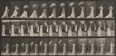 Plaat nummer 461. Een parasol openen en zich omdraaien door Eadweard Muybridge