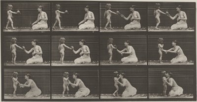 Plaat nummer 465. Kind brengt een boeket naar een vrouw,1887 (foto) door Eadweard Muybridge