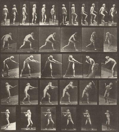 Plaat nummer 521. A: Wandelen. B: Een stap omhoog. C: De schijf werpen. D: Een schop gebruiken. E, F: Een houweel gebruiken door Eadweard Muybridge