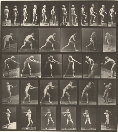Plaat nummer 521. A: Lopen. B: Stap omhoog. C. Schijf werpen. D: Schep gebruiken. E, F. Houweel gebruiken door Eadweard Muybridge
