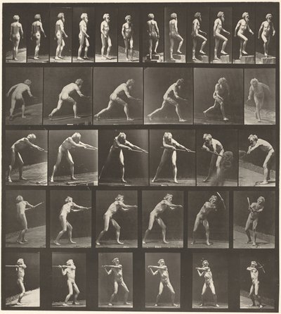 Plaat nummer 521. A: Lopen. B: Opstapje. C: Werpende schijf. D: Schop gebruiken. E, F. Pikhouweel gebruiken,1887 (foto) door Eadweard Muybridge