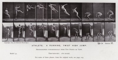 De menselijke figuur in beweging: Atleet, een rennende, draaiende hoge sprong door Eadweard Muybridge
