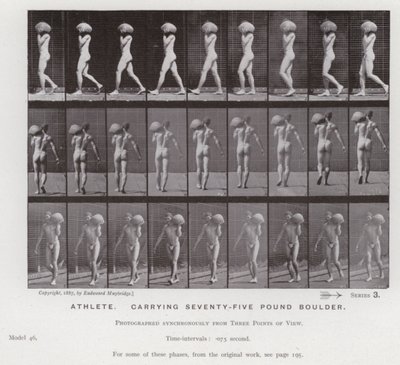 Het menselijk lichaam in beweging: Atleet, draagt een vijfenzeventig pond zware kei (zwart-wit foto) door Eadweard Muybridge