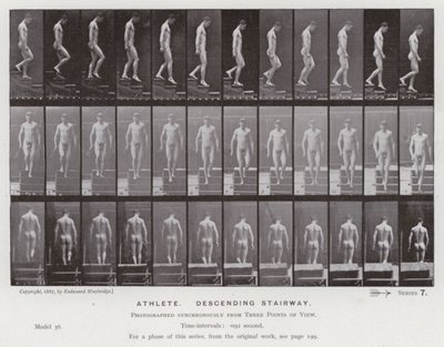 Het menselijk lichaam in beweging: Atleet, daalt een trap af (zwart-wit foto) door Eadweard Muybridge