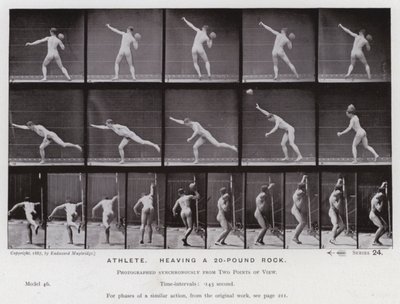 Het menselijk lichaam in beweging: Atleet, werpt een twintig-pond steen (zwart-wit foto) door Eadweard Muybridge