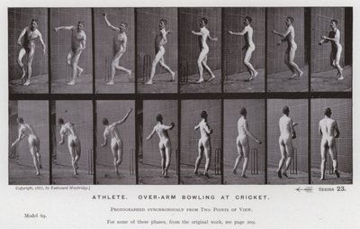 De menselijke figuur in beweging: Atleet, overarm bowlen bij cricket door Eadweard Muybridge