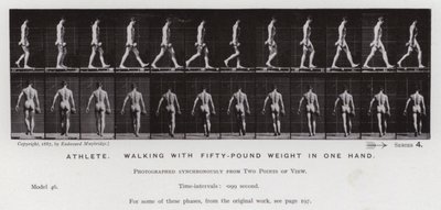 De menselijke figuur in beweging: Atleet, wandelend met vijftig pond gewicht in één hand door Eadweard Muybridge