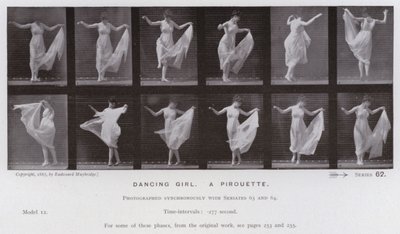 Het menselijk lichaam in beweging: Dansend meisje, een pirouette (zwart-wit foto) door Eadweard Muybridge