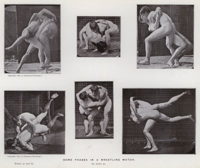 Het menselijk lichaam in beweging: Enkele fasen in een worstelwedstrijd door Eadweard Muybridge