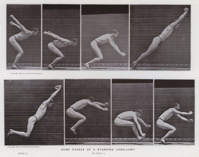 Het menselijk lichaam in beweging: Enkele fasen van een staande lange sprong (zwart-wit foto) door Eadweard Muybridge