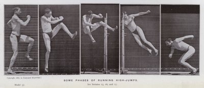 Het menselijk lichaam in beweging: Enkele fasen van hoge sprongen (zwart-wit foto) door Eadweard Muybridge