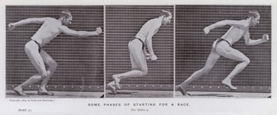 Het menselijk lichaam in beweging: Enkele fasen van het starten van een race (zwart-wit foto) door Eadweard Muybridge