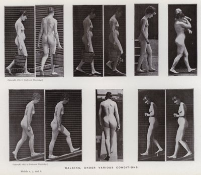 De menselijke figuur in beweging: Lopen, onder verschillende omstandigheden door Eadweard Muybridge