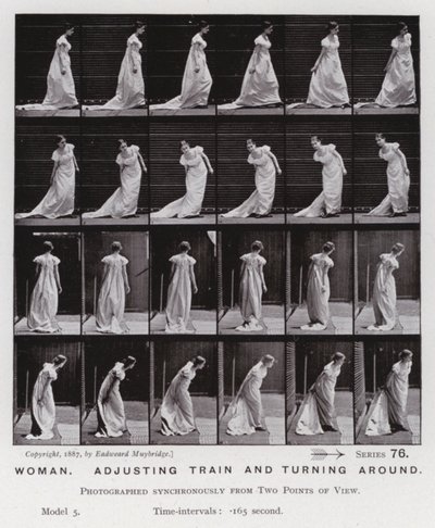 Het menselijk lichaam in beweging: Vrouw, past haar sleep aan en draait rond (zwart-wit foto) door Eadweard Muybridge