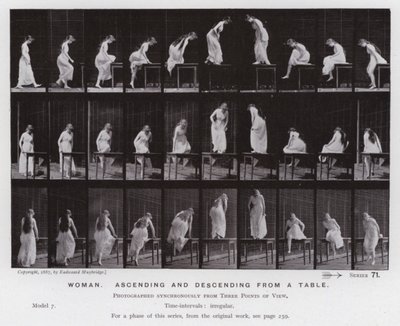 Het Menselijk Lichaam in Beweging: Vrouw, op- en afstappend van een tafel door Eadweard Muybridge