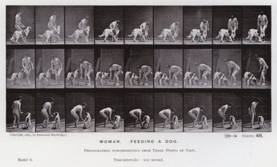 De menselijke figuur in beweging: Vrouw, een hond voeren door Eadweard Muybridge