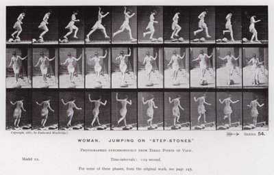De menselijke figuur in beweging: Vrouw, springen op "stapstenen" door Eadweard Muybridge