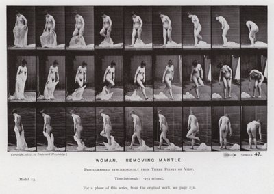 De menselijke figuur in beweging: Vrouw, mantel verwijderen door Eadweard Muybridge