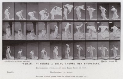De menselijke figuur in beweging: Vrouw, een sjaal om haar schouders gooien door Eadweard Muybridge