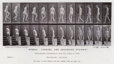 De menselijke figuur in beweging: Vrouw, draaien en trap oplopen door Eadweard Muybridge