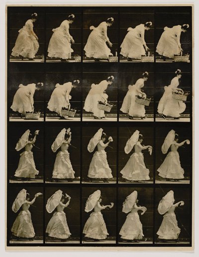 Vrouw die een mand optilt en met een zakdoek zwaait, uit het boek Animal Locomotion door Eadweard Muybridge