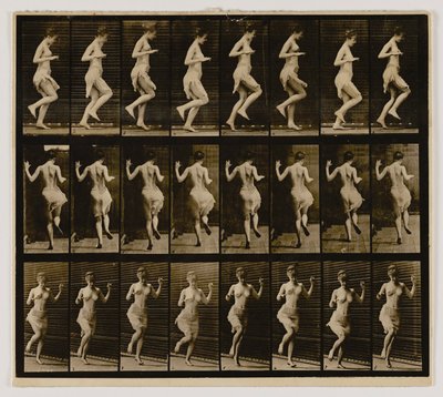 Vrouw die op één voet voortbeweegt, uit het boek Animal Locomotion door Eadweard Muybridge