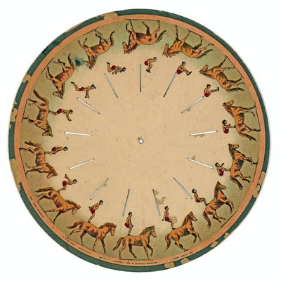 Zoopraxiscope-schijf met een acrobaat die een salto maakt op een paard, 1893 door Eadweard Muybridge