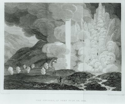 De grote geiser van Strokkr, IJsland, uit Iceland: or, The Journal of a Residence in That Island door Ebenezer Henderson, gepubliceerd 1819 door Ebenezer Henderson