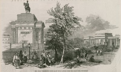 Het grote Wellington-standbeeld en de boog zoals het zou verschijnen vanaf Green Park, Piccadilly door Ebenezer Landells