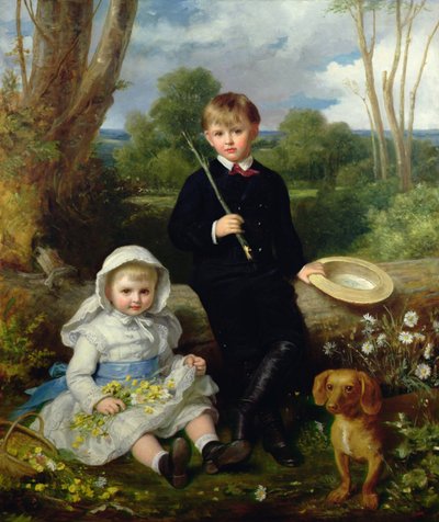 Portret van een Broer en Zus met hun Huisdierhond in een Bosrijk Landschap door Eden Upton Eddis