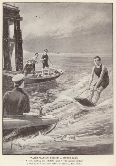 Watervliegtuig achter een motorboot door Edgar Alfred (after) Holloway