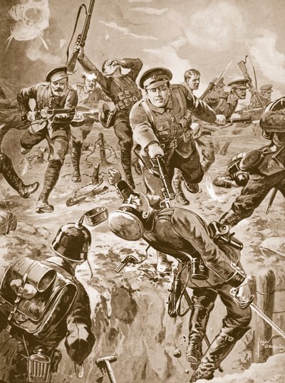 Korporaal J. Davies en acht mannen verdrijven met de bajonet een groep Duitsers die hen eerder hadden omsingeld (litho) door Edgar Alfred Holloway