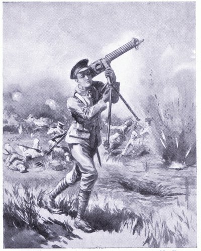 Private Lynn die een machinegeweer wegdraagt voor reparatie onder zwaar vuur bij de Slag om Aisne. Toegekend DCM 1915 door Edgar Alfred Holloway