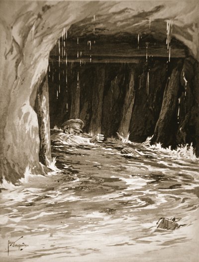 Tweede-korporaal Collier worstelt uit een mijnschacht die bijna vol water staat na het voltooien van zijn werk door Edgar Alfred Holloway
