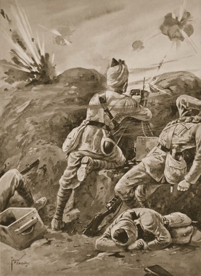 Sepoy Khudadad bedient een machinegeweer nadat de rest van de bemanning was gedood door Edgar Alfred Holloway