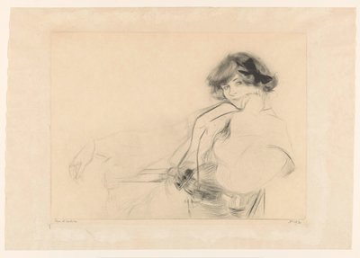 Jonge vrouw met een strik in het haar zittend op een stoel door Edgar Chahine (signed by artist)