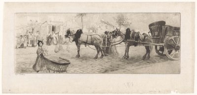 Gezicht op een boulevard met voor een kar gespannen paarden en een vrouw met een kinderwagen door Edgar Chahine