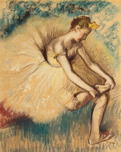 Een danseres die haar schoen aantrekt, 1896 door Edgar Degas