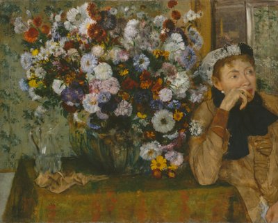 Een vrouw zittend naast een vaas met bloemen Madame Paul Valpinçon door Edgar Degas
