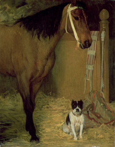 Bij de stal, paard en hond door Edgar Degas