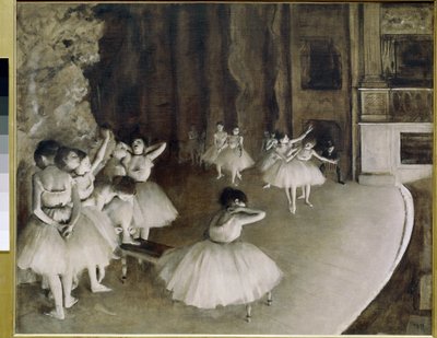 Balletrepetitie op het podium door Edgar Degas