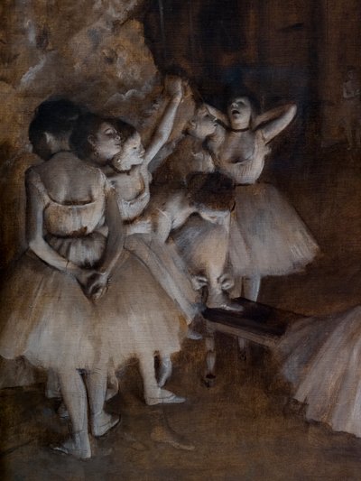 Balletrepetitie op het toneel (detail). 1874 door Edgar Degas