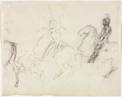 Slagveld met gepantserde figuren te paard (recto) Twee zittende vrouwen (verso) door Edgar Degas